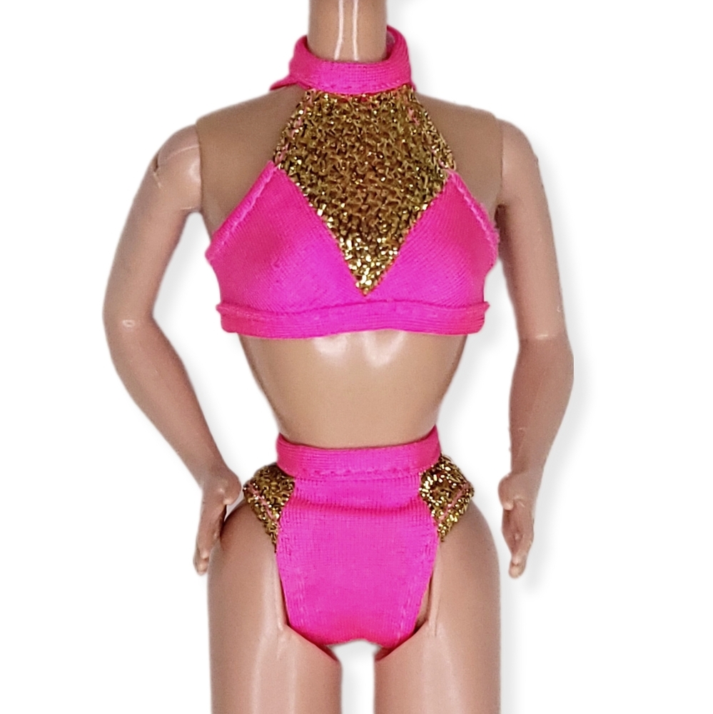 Barbie 1996 Magic Splash N' Color Miami Bikini Hot Pink Gold Mesh 2Pc Vtg #16169